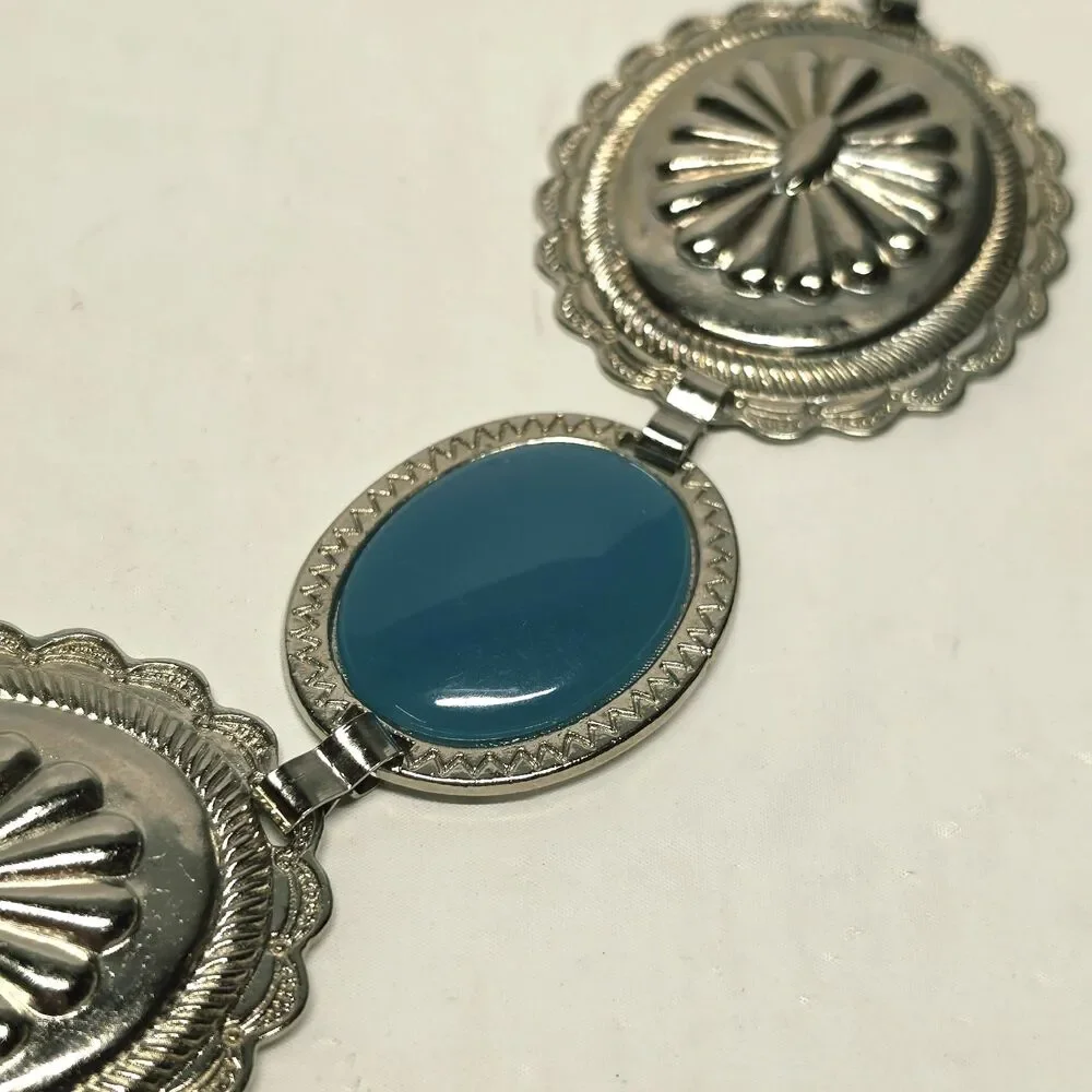 Omega Vintage Western Oval Teal Cabochon Concho Silver Chain Belt M/L Cowgirl